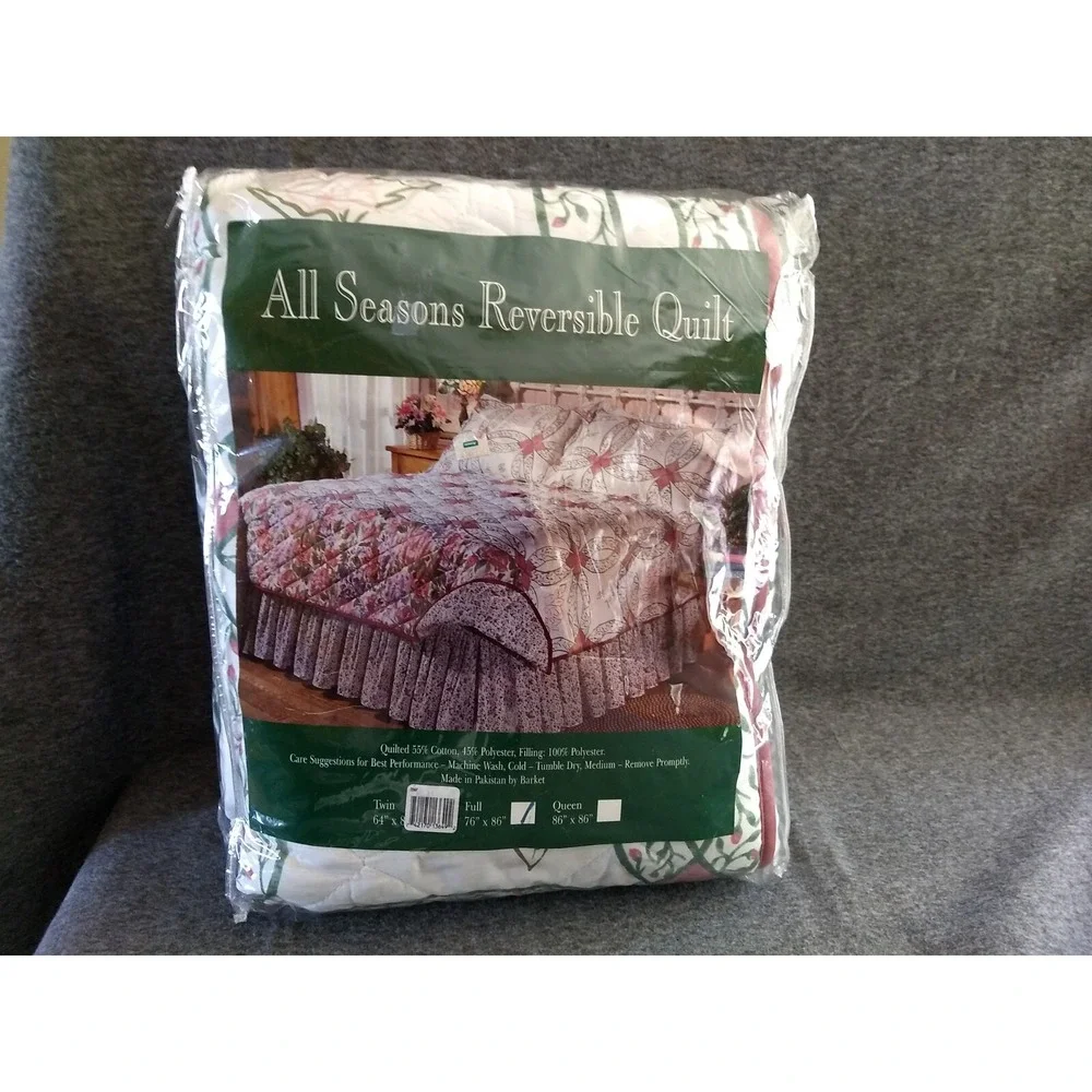 All Seasons‎ Full Size Reversible Quilt Cotton Blend Floral Bedspread Vtg NOS